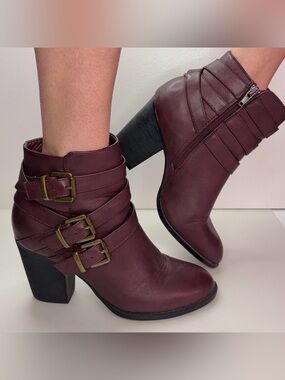 JustFab Women’s Grecia Ankle Boots with Triple Buckle - Burgundy